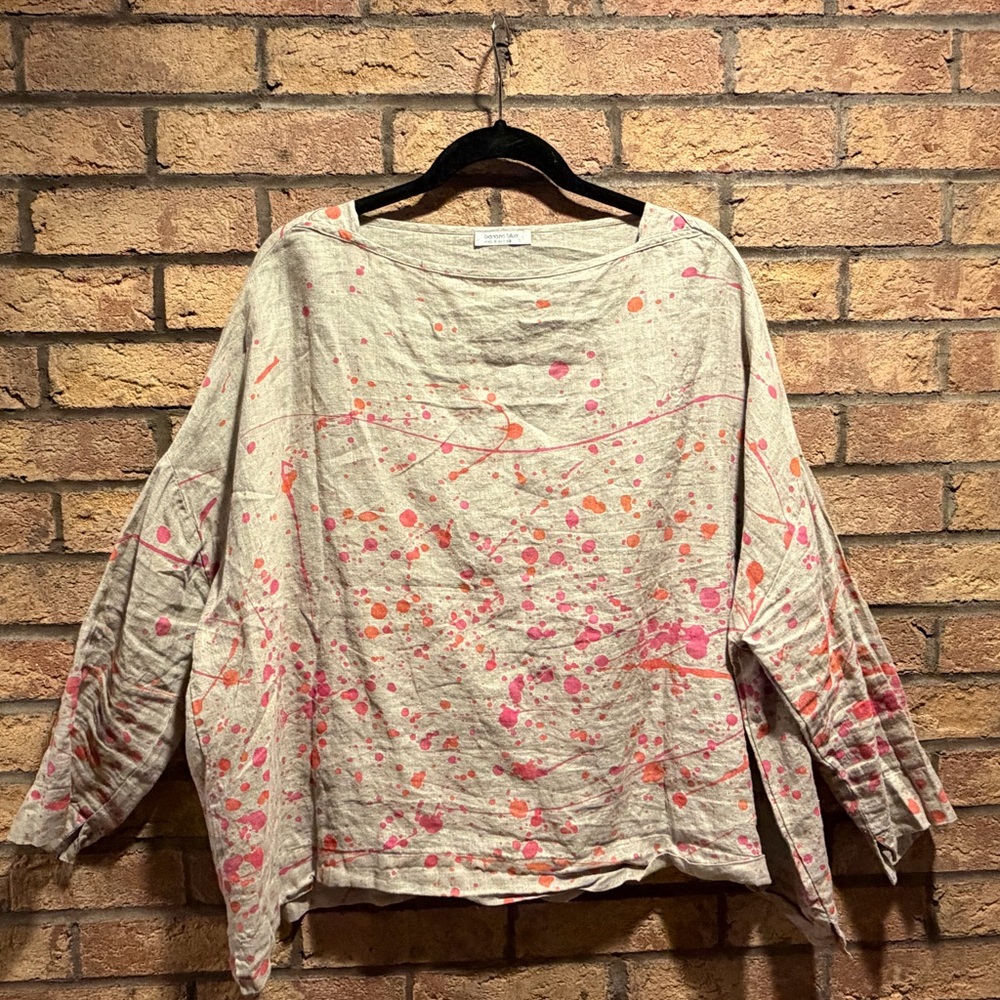 Banana Blue Khaki Top with Orange and Pink Accents